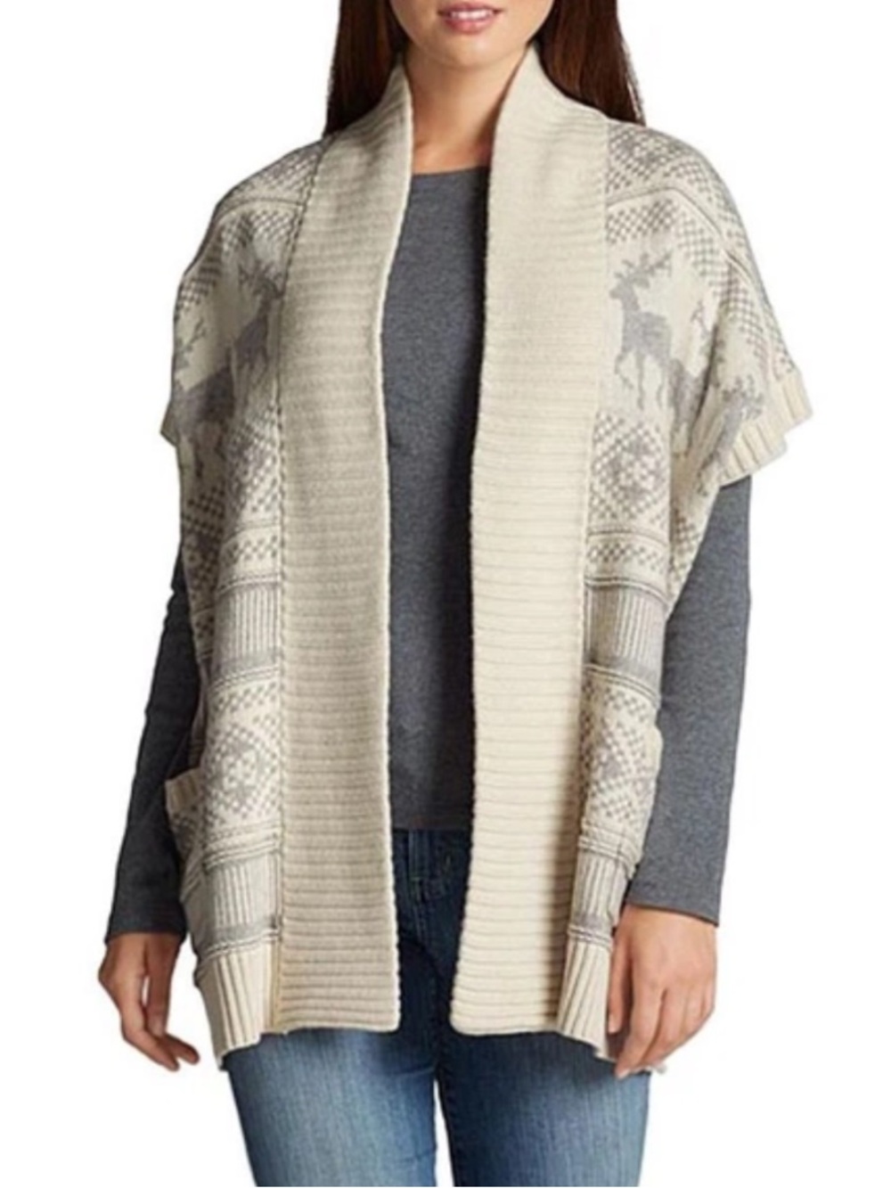 Eddie Bauer Deer Fair Isle Open Cardigan Vest Sweater XL Nordic Lodgecore Merino